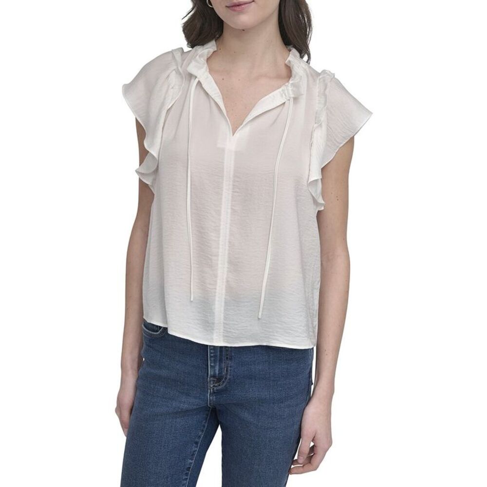Dkny Womens  Ruffled Neck Tie Top, White